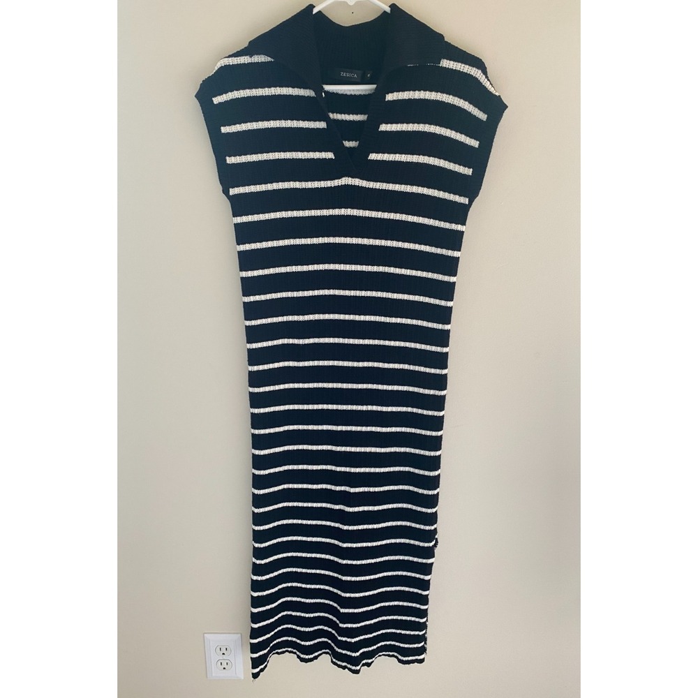 Zesica Striped Sweater Dress Womens Small Black White Coastal Knit Midi Boho